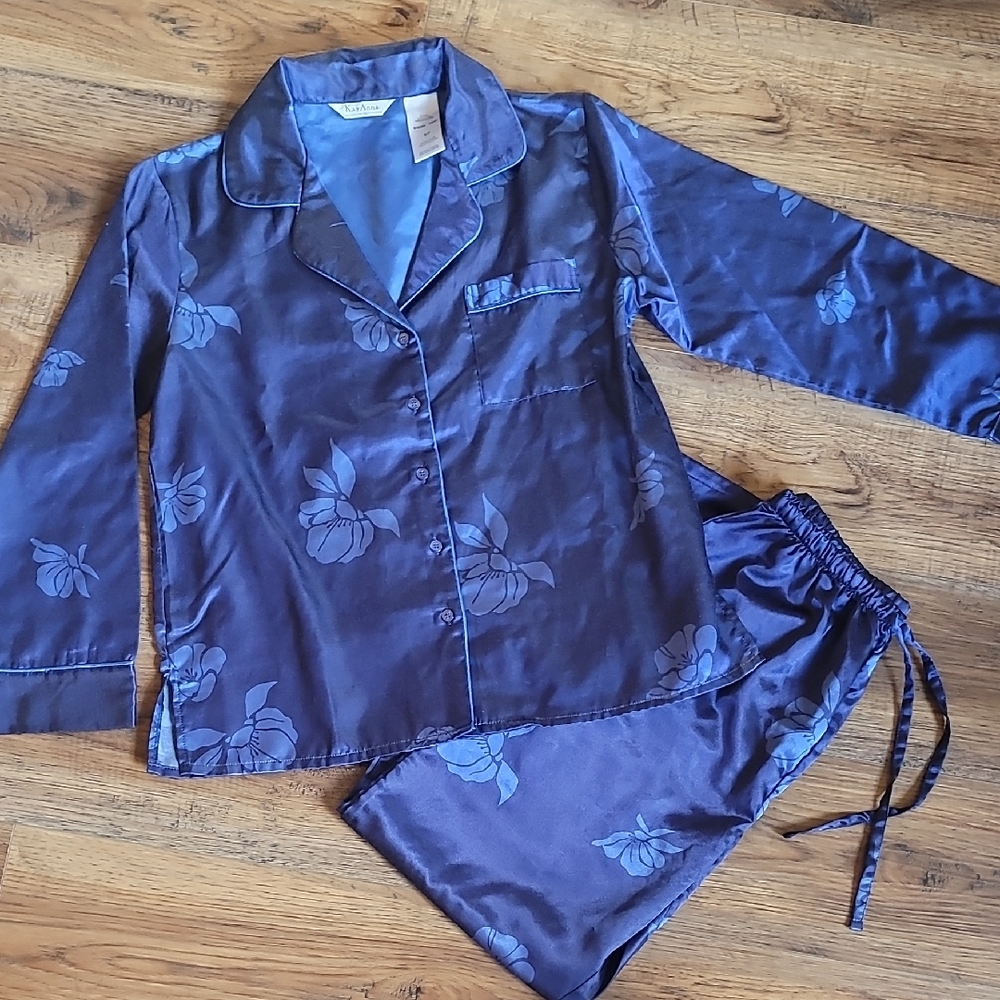 Kay Anna Navy Blue Floral Satin Pajama Set, Size S, Silky